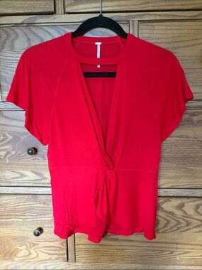 Free People Red Knot-Front Short Sleeve Top